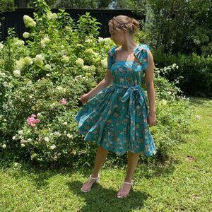 Sue Sartor Annabel Midi Sun Dress Florida Aqua Blue/Pink Floral, Size Small